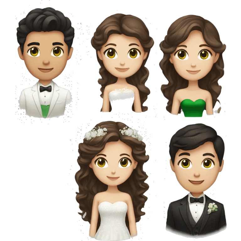 Wedding emoji, girl with Asian type of eye shape and green eyes and brown long hair and guy light dark skin with short curly hair and brown eyes emoji