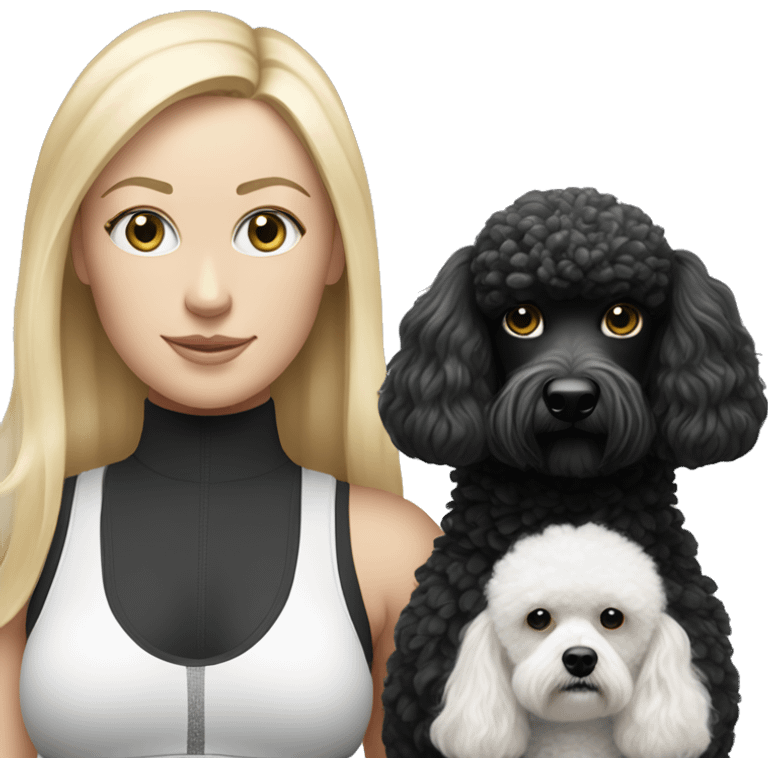 white woman with long blonde hair and cat shaped eyes wearing a yoga outfit standing alongside a black and white poodle emoji