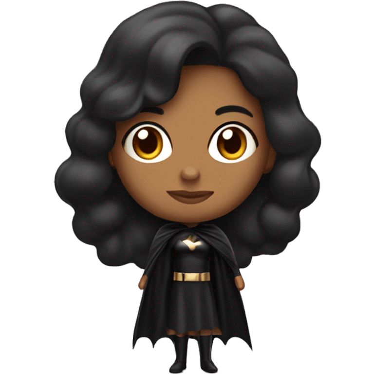 Mujer morena con un vestido negro y cabello crespo , con capa de  super heroe emoji