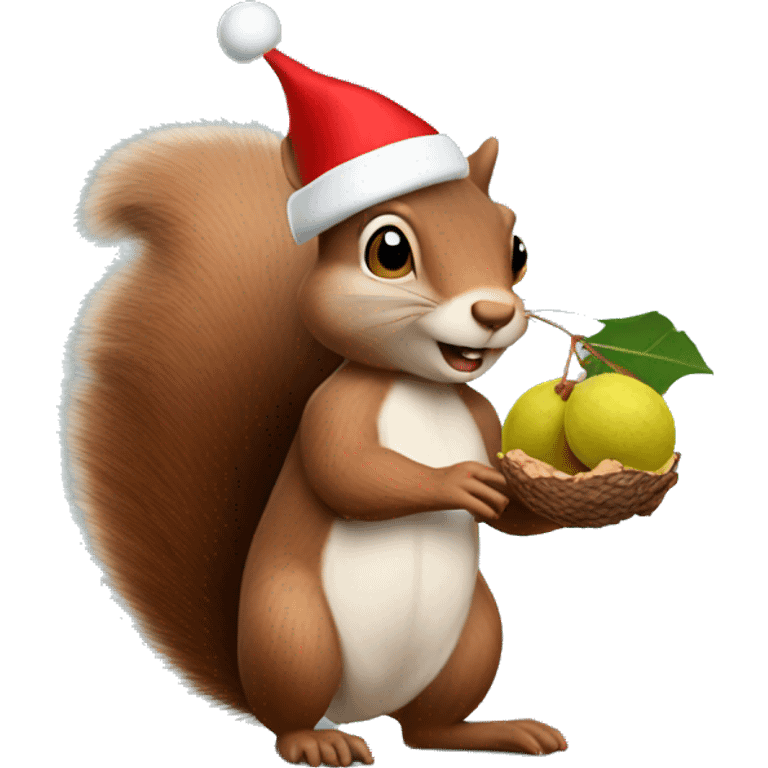 squirrel holding some walnuts and wearing a christmas hat emoji