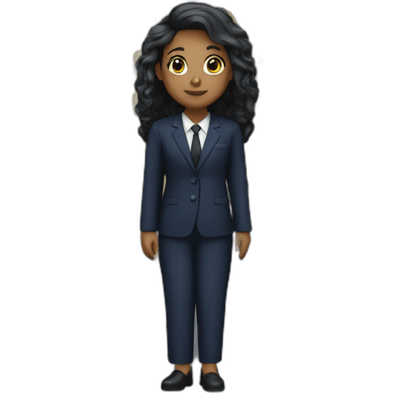 a girl who works in a funeral home in a navy blue suit and a coffin emoji