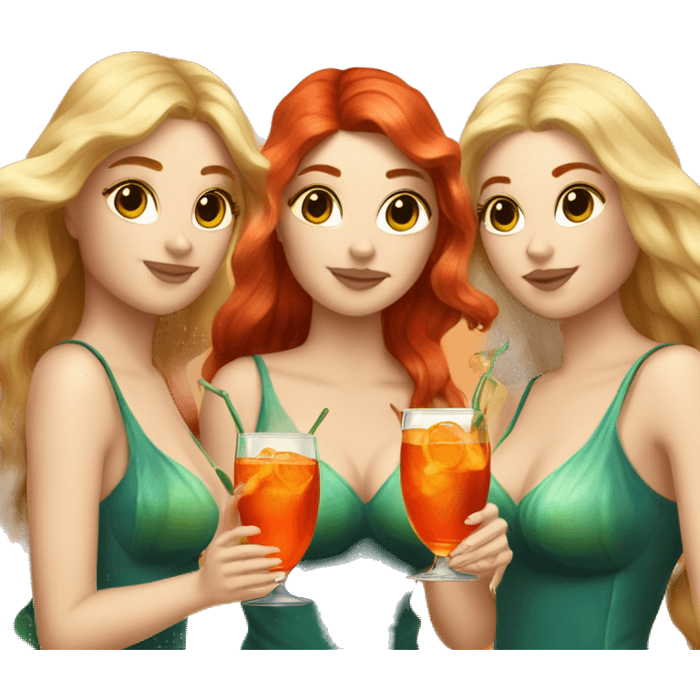 Three beautiful mermaids (blond, brown and red hair) drinking aperol emoji