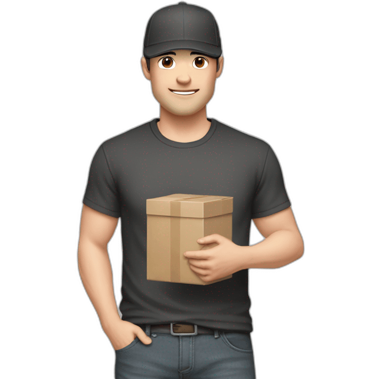 Pale skinned fit Man with dark brown hair in a black cap, gray jeans and brown polo T-shirt keeping a pasted with tape white box into his hands emoji