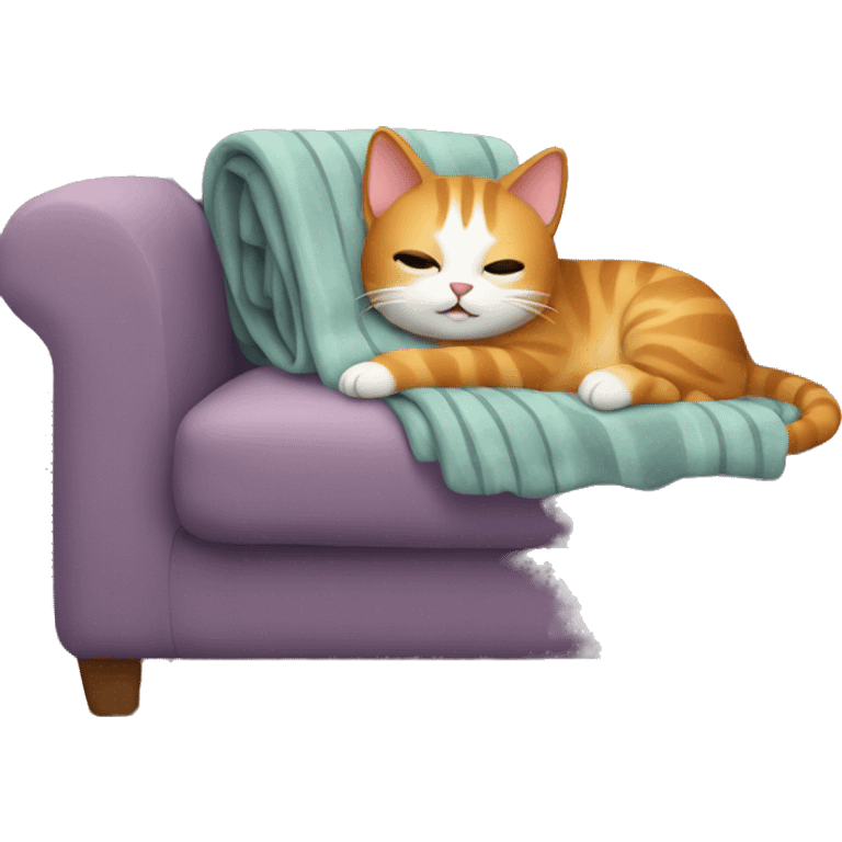 cat laying on a cozy couch with blankets emoji