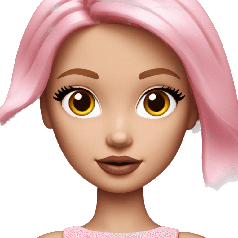 Glam barbie with brown eyes, pink plumped lips, red coloured hair and pale skin emoji