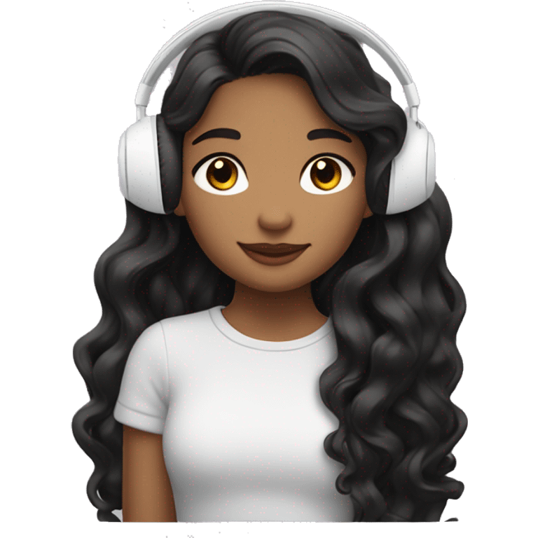 Girl with brown eyes and long black wavy hair listening music with airpods max emoji