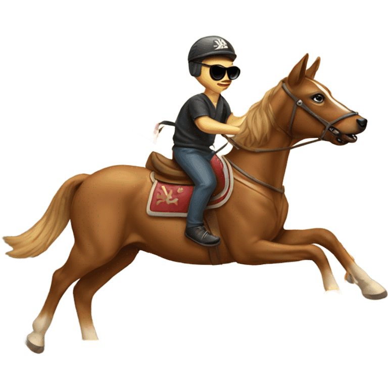 A dog riding on a horse eating pizza with sunglasses emoji