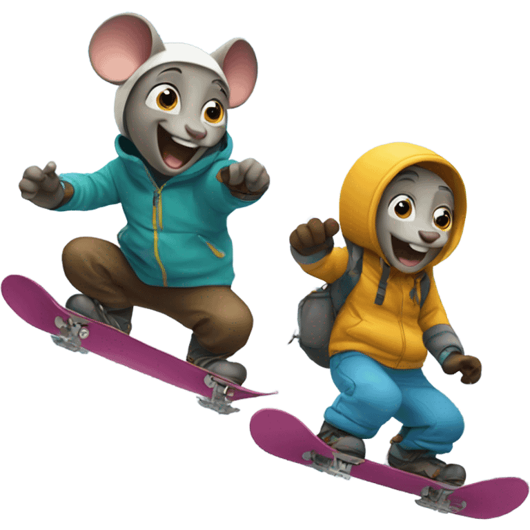 Two mouses snowboarding down a mountain  emoji