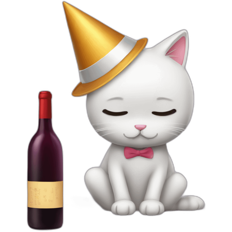 depressed tired kitty drinking wine and party hat on emoji