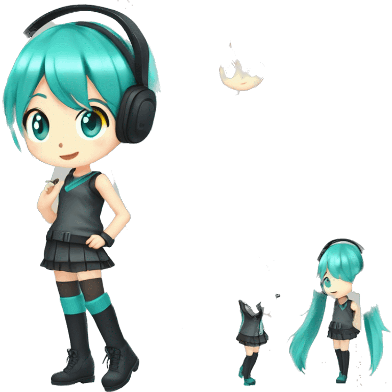 VOCALOID, holding a gun, silly face, masterpiece, cartoon, Hatsune Miku has long turquoise hair, teal eyes, and wears a gray top, black skirt, and thigh-high boots. She also has a headset with a microphone.  emoji