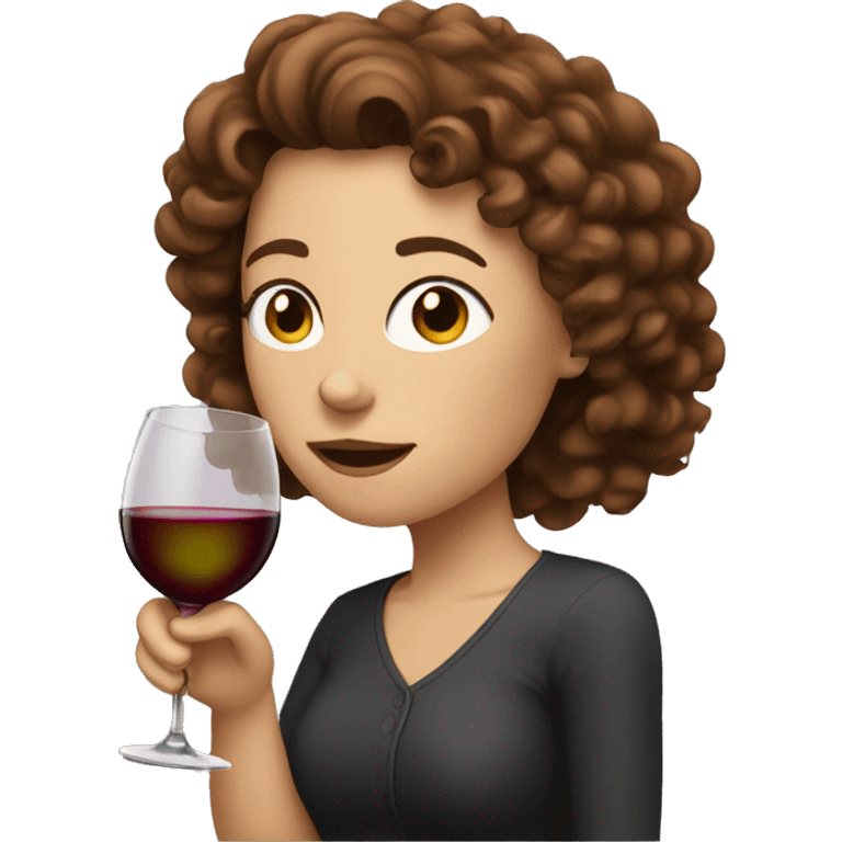 White Woman with curly brown hair drinking wine emoji