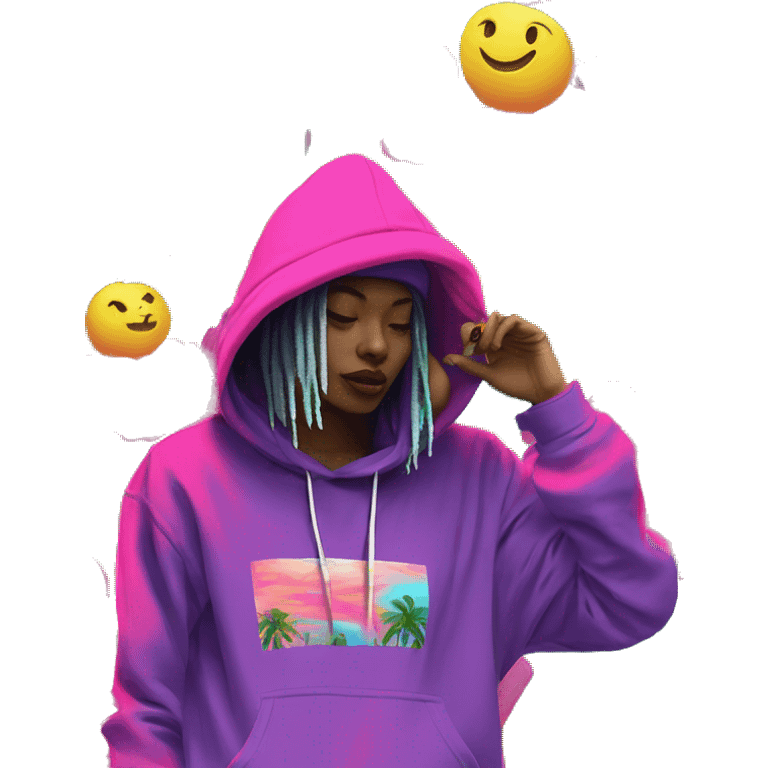 Multicoloured neon person smoking wearing hoodie dancing hip hop bucket hat tropical Skater fashion aesthetic baggy clothes graphic t shirt 420 emoji