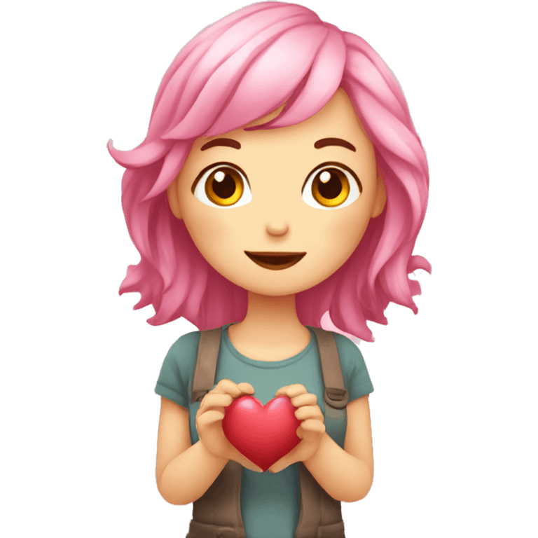 Cute women pink-haired with a heart in the hands. Blushing and have little cute corn emoji