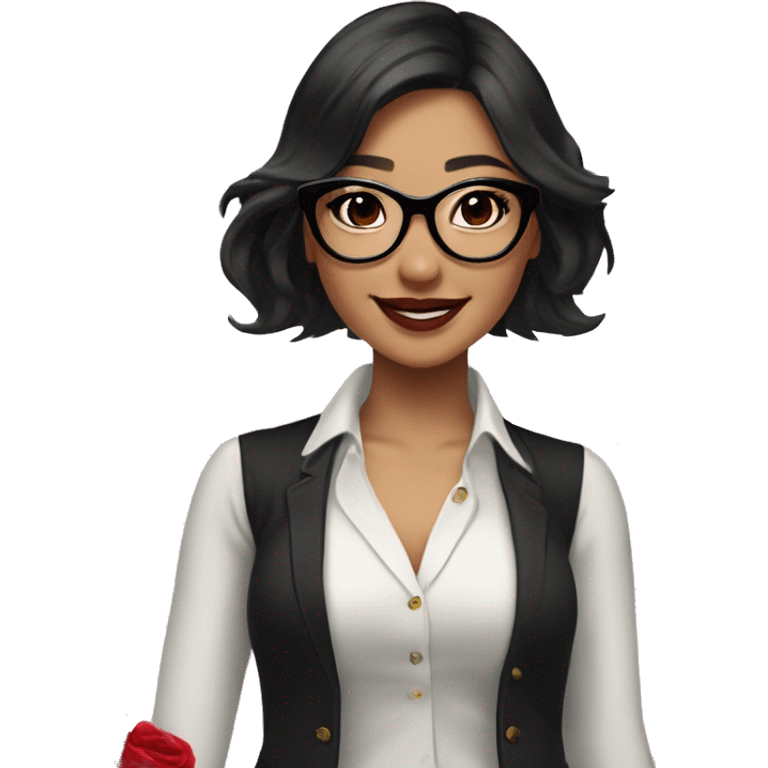 Asian girl, smiling with teeth, fair skin, black long hair, black eyes, black glasses with gold frames, red lipstick, wearing a white lace tank top and a black office jacket on top, with pink and red roses around her. emoji