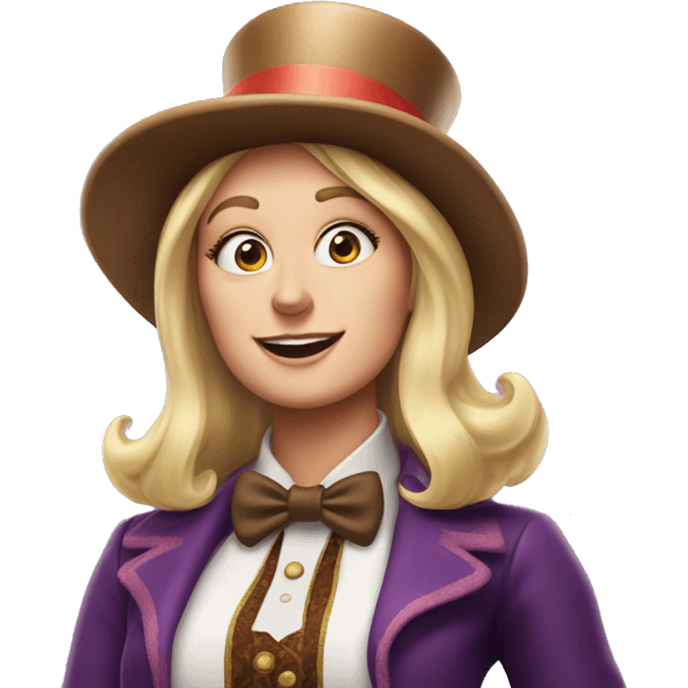 mujer rubia disfraz de Willy Wonka con sombrero estilo disney emoji