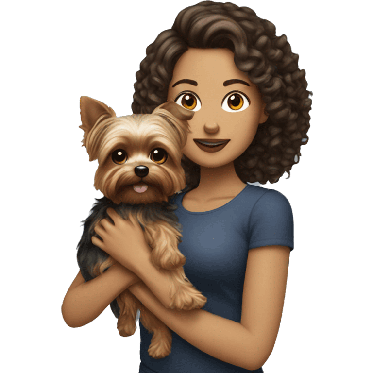 white women with curly medium length brunette hair, holding a yorkie dog emoji