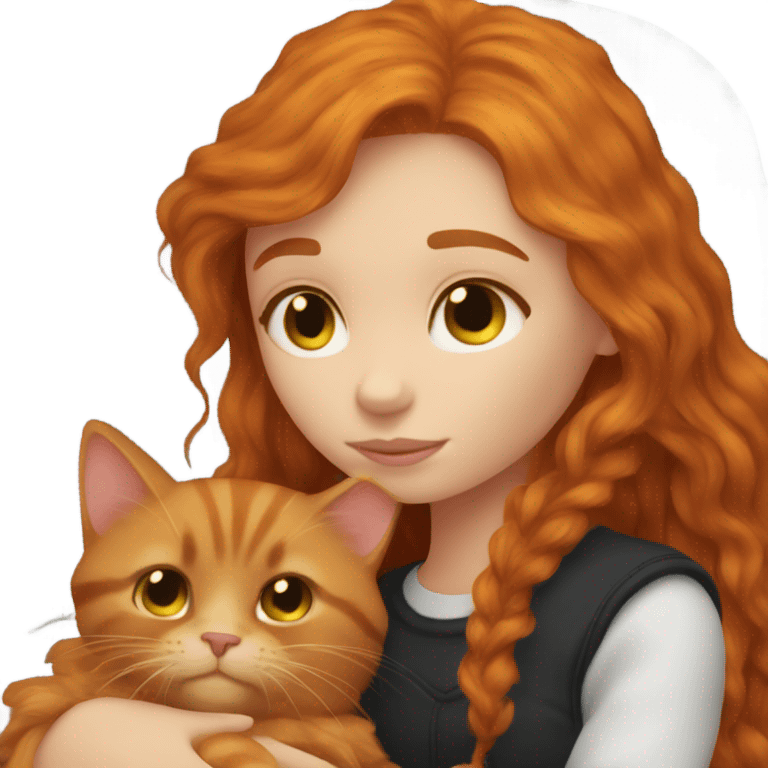 Ginger girl with long hair cuddling with black fluffy cat  emoji