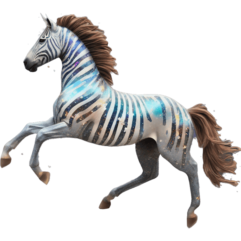 Ethereal zebra newspaper cutting flowers graffiti magazine collage glittering iridescent rich chestnut brown blue mane horse galloping through constellations and nebulas, unicorn Pegasus emoji