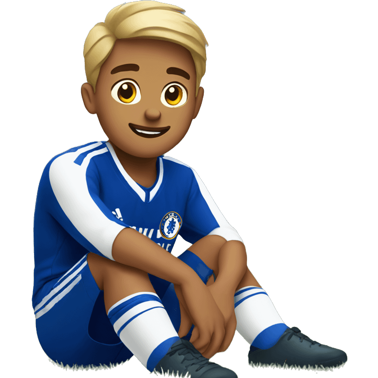 boy sitting on grass outdoors with Chelsea jersey emoji