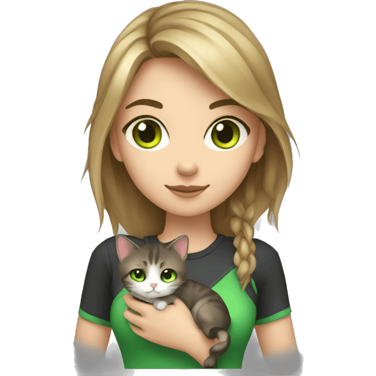 gamer girl with dark blond hair and green eyes, holding a cat tricolor emoji