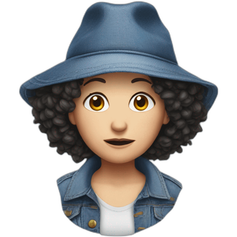 Susie Essman, annoyed, wearing denim and a ridiculous hat emoji