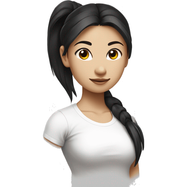 A asian girl with black pony tail white tee shirt yoga emoji