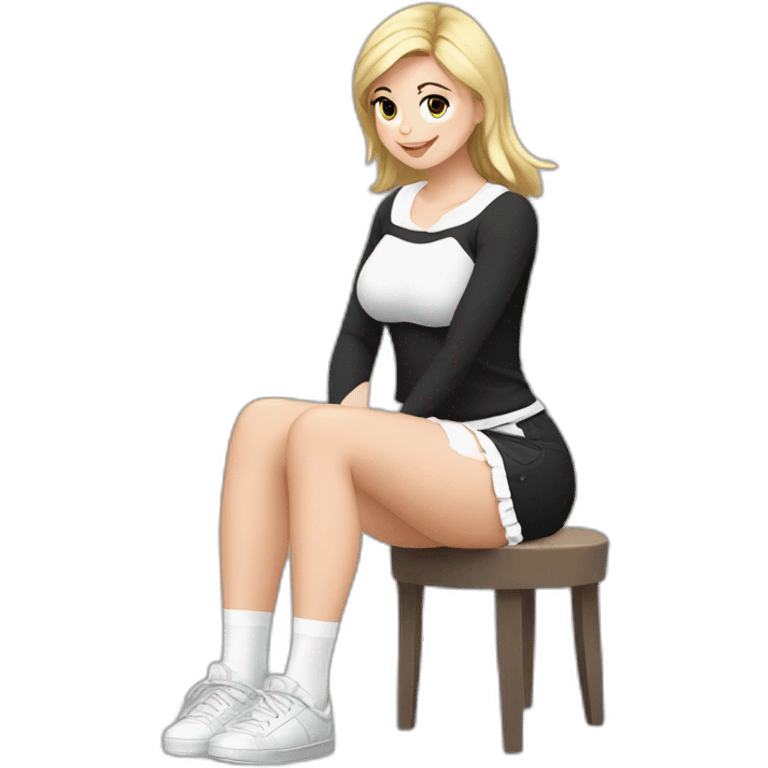 Front view full body curvy caucasian beauty sitting straight hands up black skirt white knickers white socks emoji