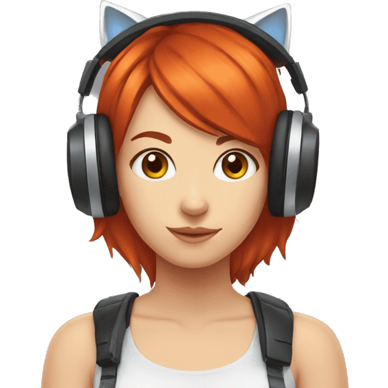 red hair gamer girl with cat ear headphones emoji