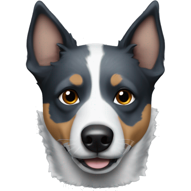 Blue heeler dog with mostly black and a small crooked white stripe up nose and forehead emoji