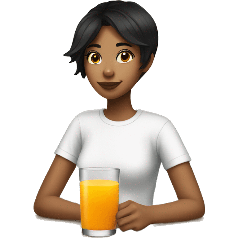 A girl with short black hair wearing a white t-shirt, drinking orange juice and a glass emoji