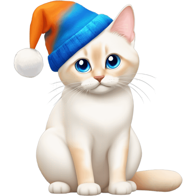 chubby flame point Siamese, white fur with orange accents and blue eyes wearing a Christmas hat ￼ emoji