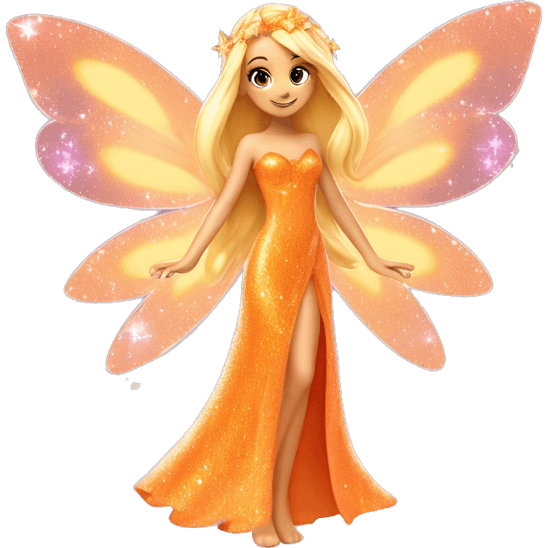 Stella adult latina fairy of nature in her enchantix fairy orange clothing and fairy enchantix wings and long blonde hair from winx club. Small eyes, Lots of sparkles and fairydust. Full body and full fairy bliss emoji