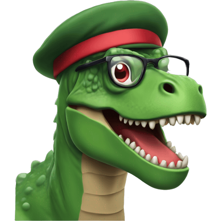 Mad Green Trex wearing red beret and eyeglasses  emoji