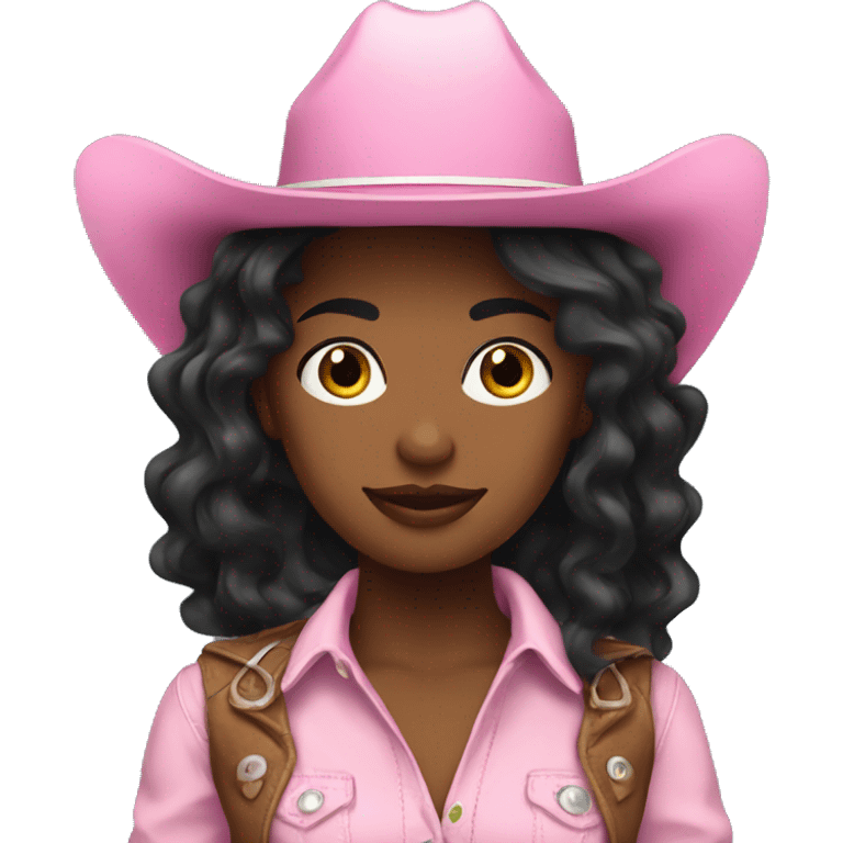 white cowgirl with black wavy hair wearing a pink cowgirl hat emoji