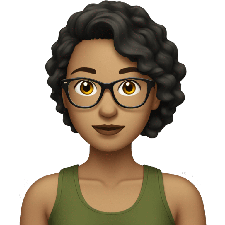 white skined woman with wavy black hair with a olive green tank top with glasses tortoise  emoji