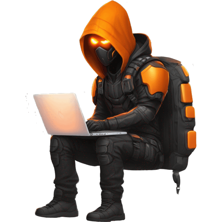  developer behind his laptop with this style : crysis Cyberpunk Valorant orange glowing bright orange character orange black hooded assassin themed character emoji