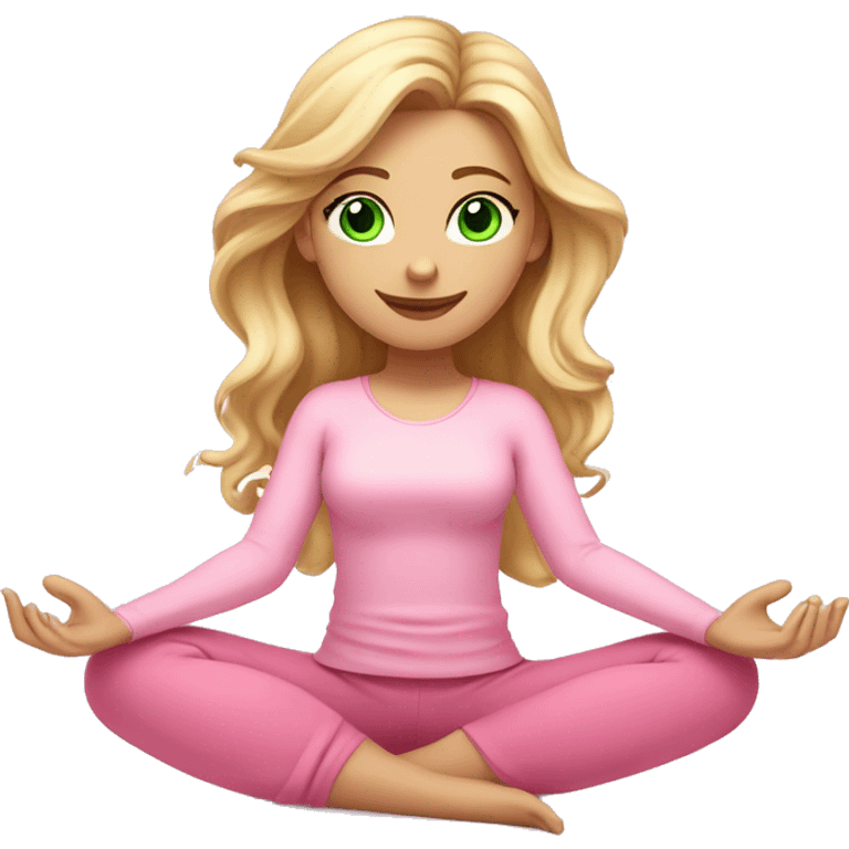 blonde long curled hair and green eyes yoga beautiful girl in light pink pink pink clothes sitting on a yoga mat emoji