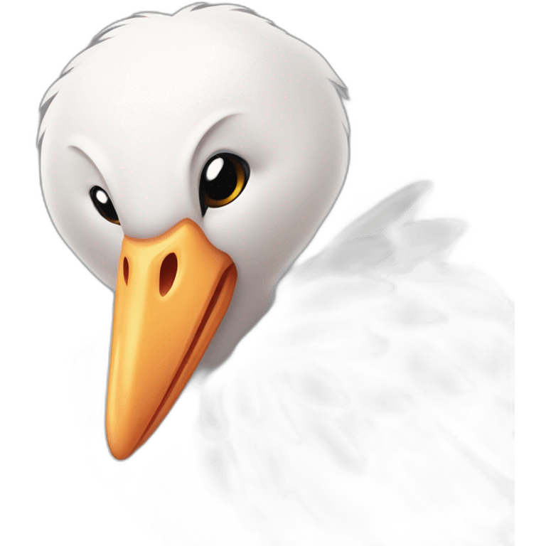  A big white stork carrying a bundle of cloth in its beak that has a cute white skinned baby face peeking out from it with black head emoji