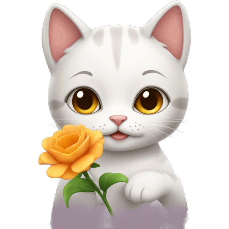 Cute cat holding a beautiful flower emoji