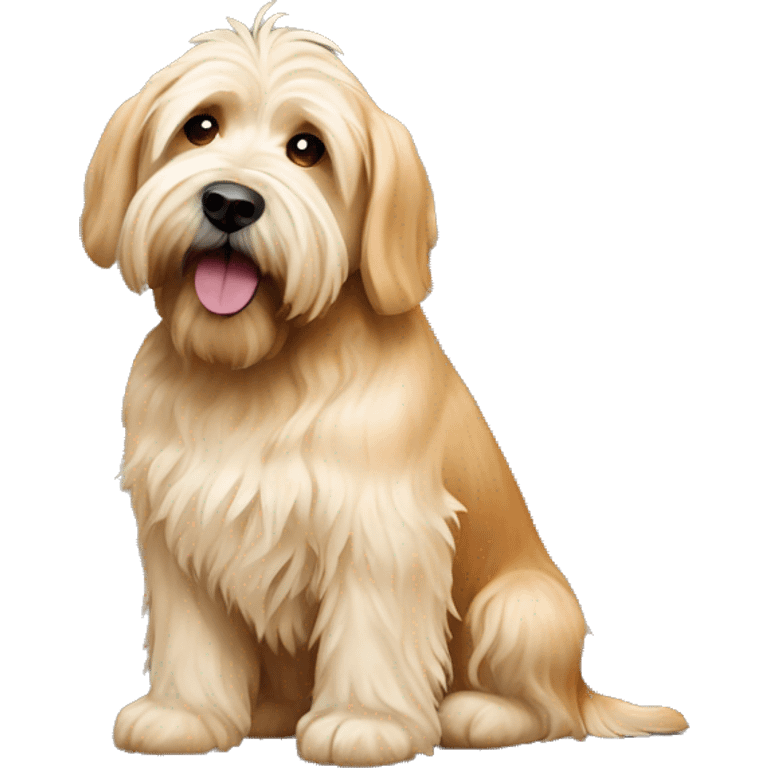 blonde wheaten terrier sitting by king charles spaniel mix emoji