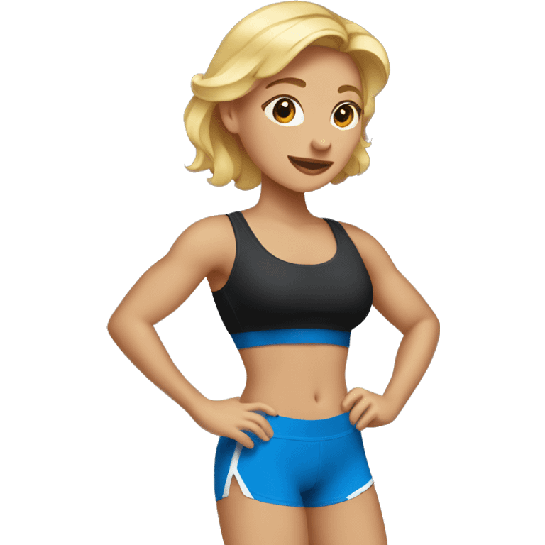 blonde woman working out with a black tank top and a blue shorts emoji