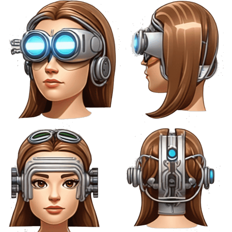 female cyborg head, fair skin, Brown long hair with blonde steaks, space age goggles and circuits emoji