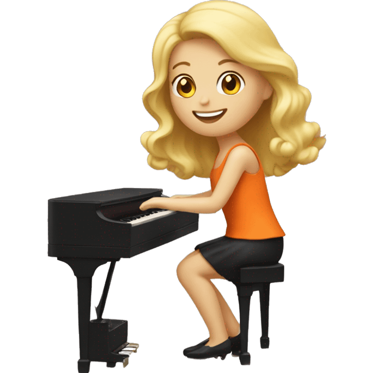 Blonde girl wearing an orange dress playing a brown upright piano emoji