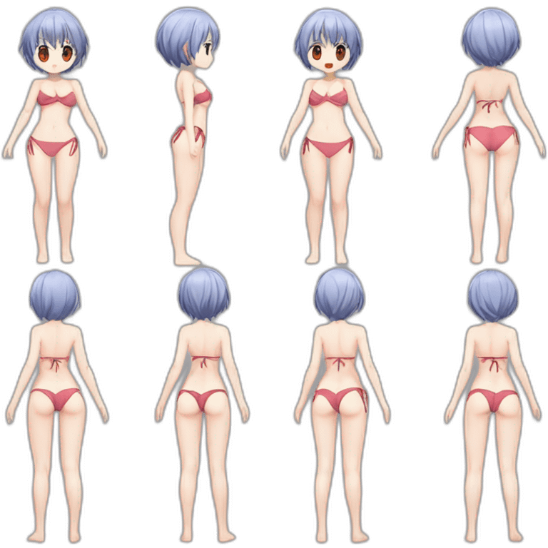 rei ayanami nue, full-body, short-hair, teen, back and front views, bikini emoji