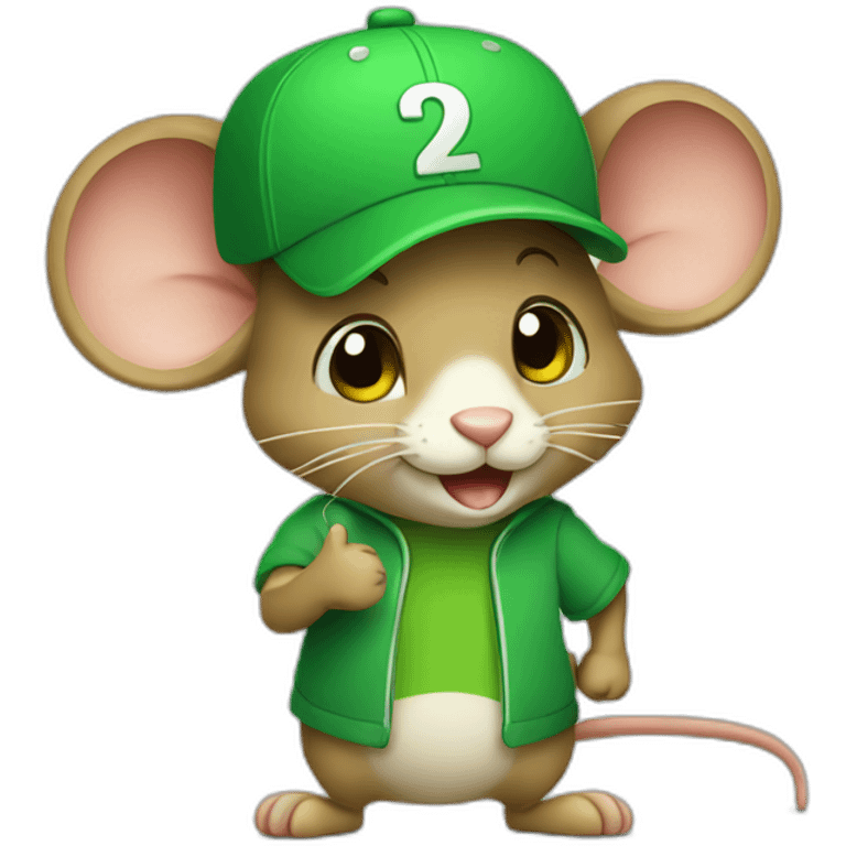 mouse with a green cap and green tshirt giving thumbs up emoji