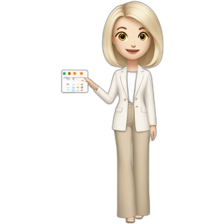 pale skin woman with ash blonde Straightened bob Hair, White Spacious classical jacket, beige palazzo Arrow pants and gray blouse holding a color palette in the hands emoji