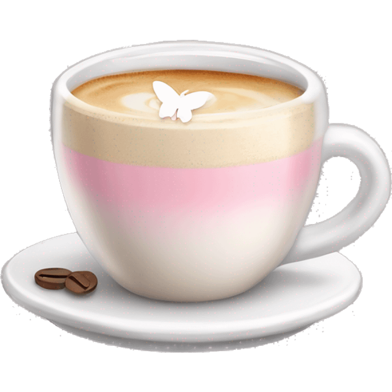 Latte coffee with the pastel pink glass and a white butterfly sticker emoji