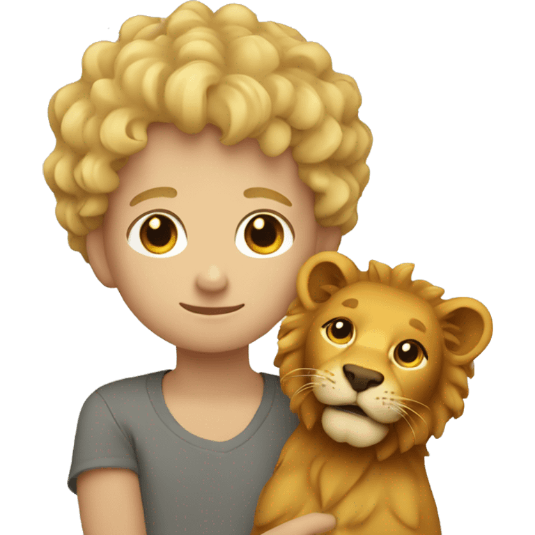 curly short blonde hair boy holding a lion emoji