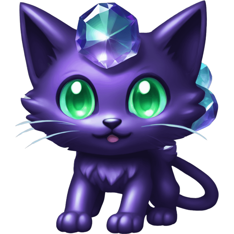 Shiny, Sparkly, Black Dark-type-Fairy-Type-Psychic-Ice-type-Fakémon-Cat Purple eyes, green gem, full body emoji