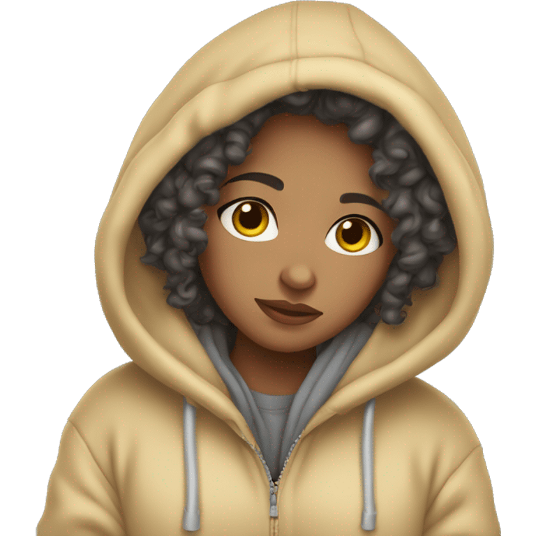 Light skin curly girl snuggled in hoodie emoji